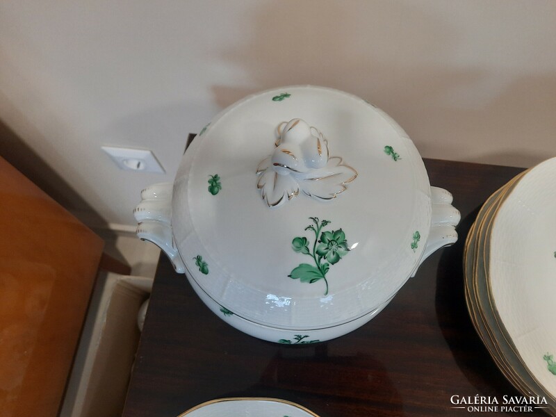 Új Herendi zöld virágmintás porcelán étkészlet 26 db