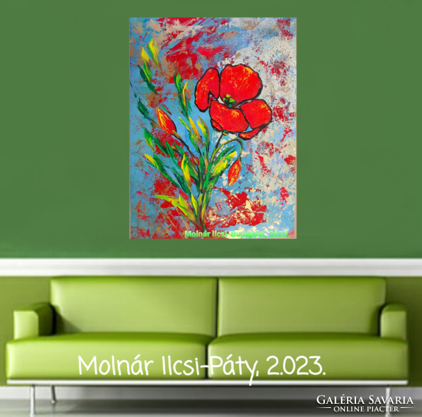 Piros virágos  - című  Molnár Ilcsi munka - akril festmény