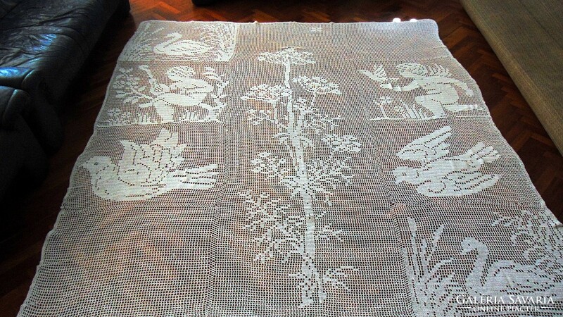 Huge antique, hand-crocheted curtain, bedspread, angel face ornaments 252 x 240