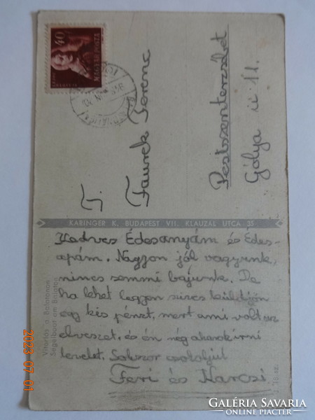 Régi képeslap: vitorlás a Balatonon (1948)