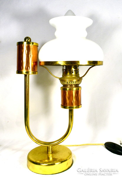 Decorative copper table lamp with milk glass shade