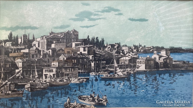 Greek relief: coastal city - color etching, large size!!!