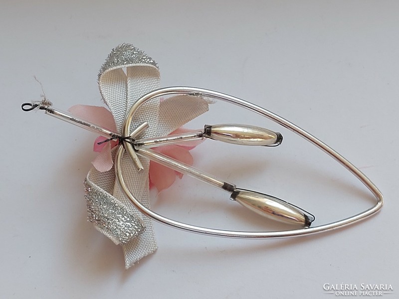 Régi üveg karácsonyfadísz szív alakú üvegdísz masnis virágos