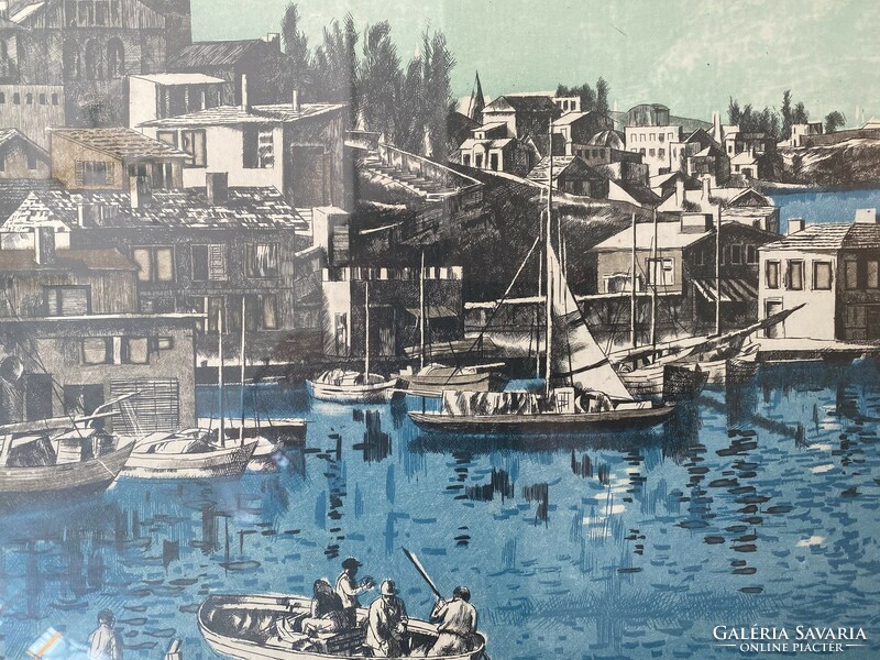 Greek relief: coastal city - color etching, large size!!!