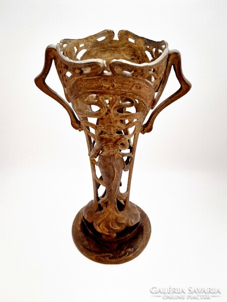 Large art nouveau metal vase, mucha-style female figure, 31.5 cm