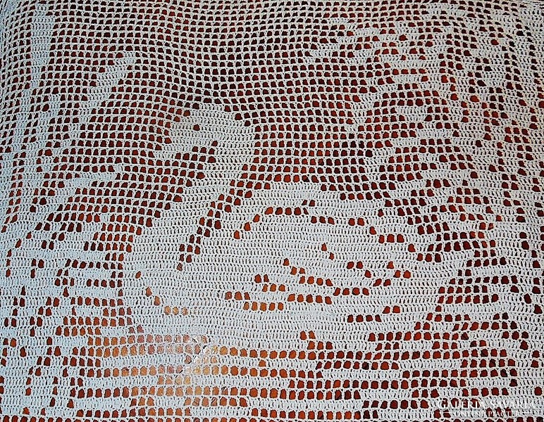 Huge antique, hand-crocheted curtain, bedspread, angel face ornaments 252 x 240
