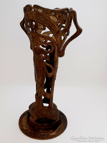 Large art nouveau metal vase, mucha-style female figure, 31.5 cm