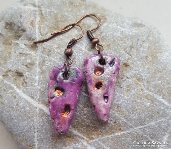 "Rózsaszín és lila" - kézműves raku kerámia fülbevaló