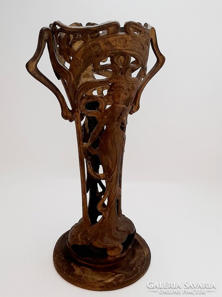 Large art nouveau metal vase, mucha-style female figure, 31.5 cm