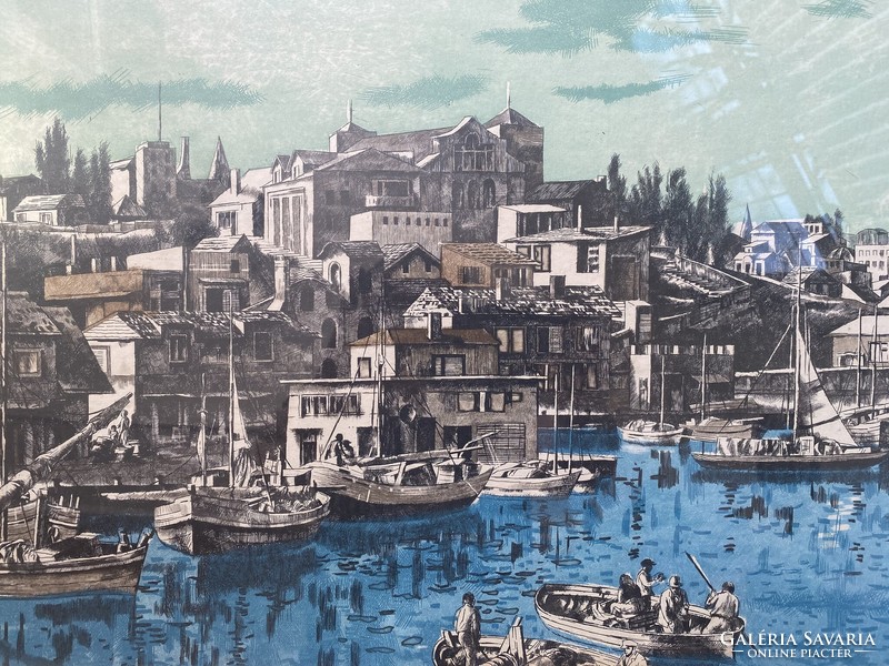 Greek relief: coastal city - color etching, large size!!!