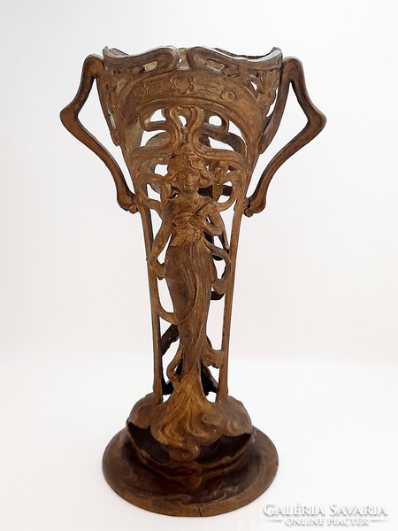 Large art nouveau metal vase, mucha-style female figure, 31.5 cm