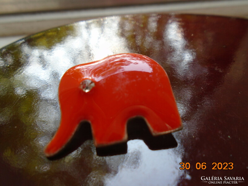 Modernist coral red enamel elephant brooch with cut glass eyes