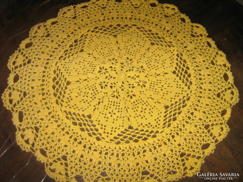 Beautiful yellow hand crocheted round lace tablecloth