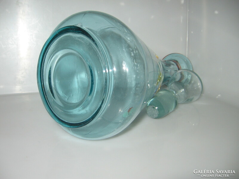 Antique enamel-painted blue glass with blue flowers, bottle, carafe, 1 l calibration.