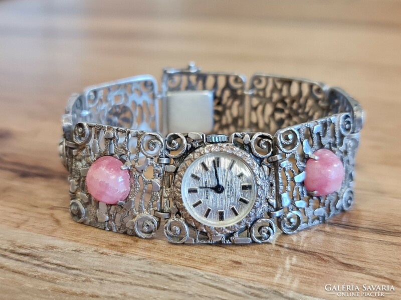 A particularly beautiful silver jewelry watch with rhodonite