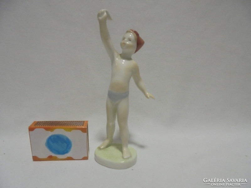 Bp. Aquincum porcelain waving boy nipp, figure in swimming trunks