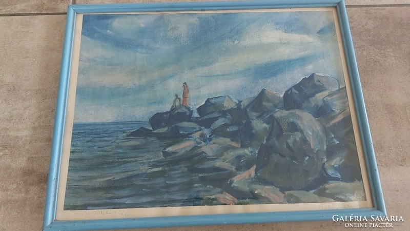 (K) Sziklás tengerpart festmény 42x32 cm kerettel