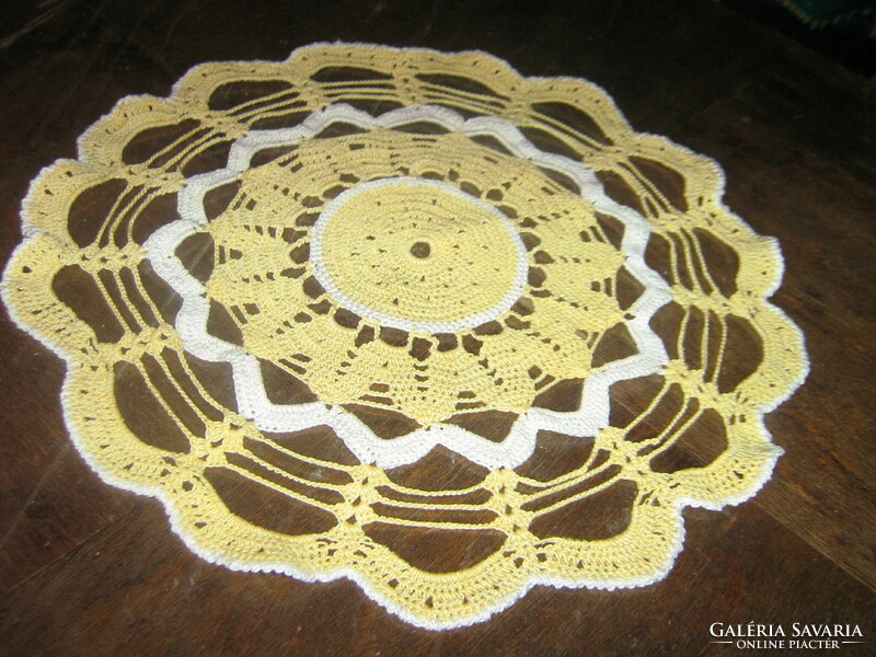 Beautiful yellow hand crocheted round lace tablecloth