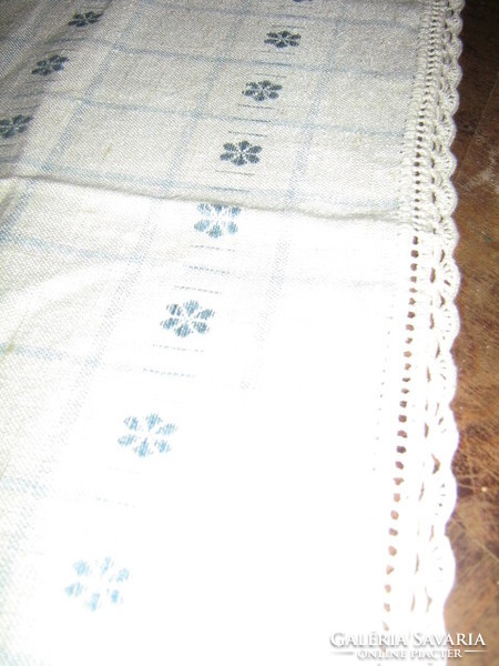 Beautiful vintage blue floral woven curtain with a pair of crochet edge runners