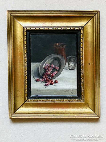 László Ferenczy Várkonyi (1906-) fruit still life with pewter bowl oil cardboard labeled painting