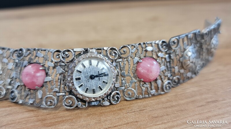 A particularly beautiful silver jewelry watch with rhodonite