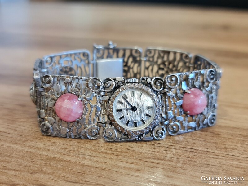 A particularly beautiful silver jewelry watch with rhodonite