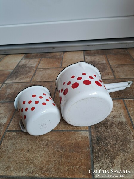 Mug with polka dots + metal enamel jug with a handle, nostalgia