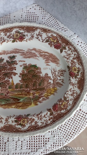 Régi angol Royal Tudor Ware kézzel festett vastag porcelán jelenetes kínálótál, jelzett,