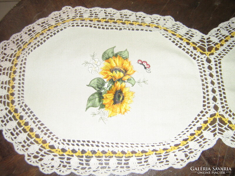 Special tablecloth runner with a beautiful hand-crocheted edge and sewn-on sunflower