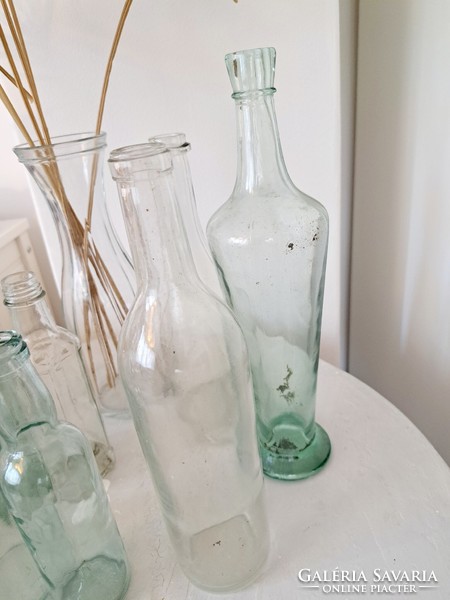 10 Pieces retro, vintage old glass, bottle together, transparent and pale green