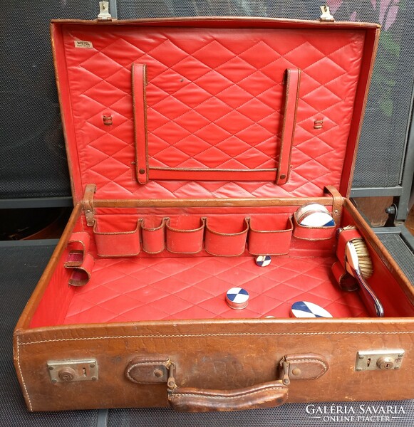 Antique Weigl leather suitcase with toiletries