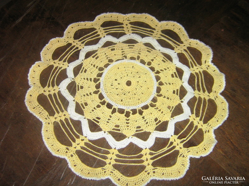 Beautiful yellow hand crocheted round lace tablecloth