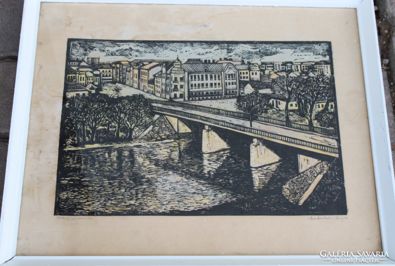 Linen print by Lajos Mészáros: messy bridge
