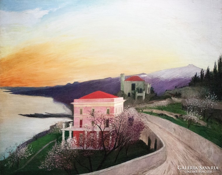 Csontváry almond blossom in Taormina 1902, reprint print of painting, pink villa beach