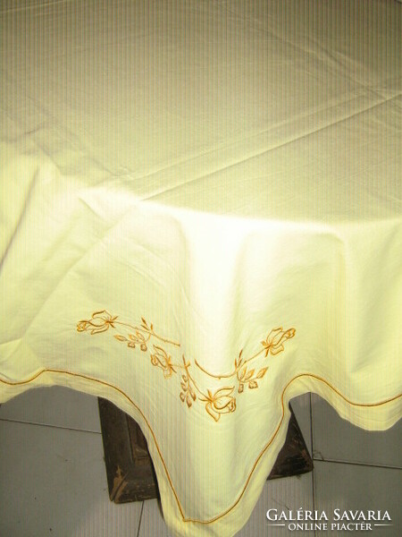 Beautiful yellow vintage rose machine-embroidered tablecloth