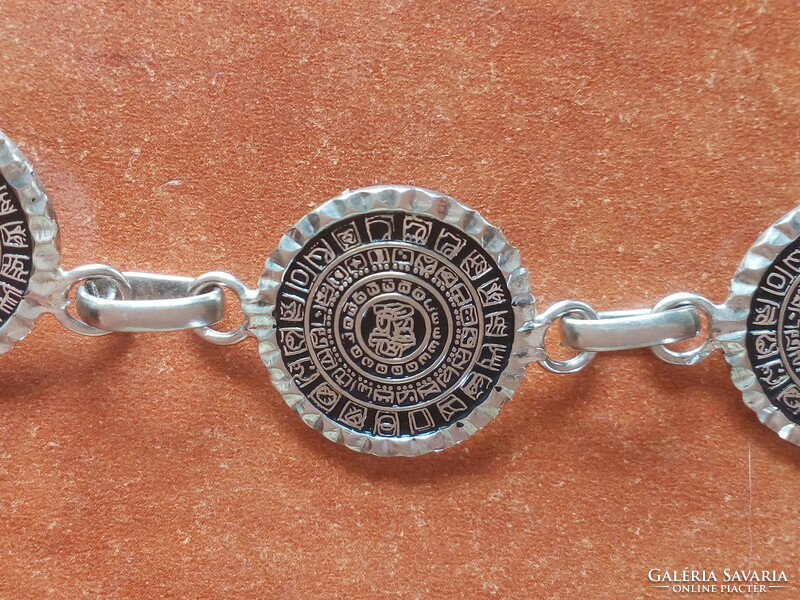 Old Mexican silver bracelet, Aztec pattern bracelet
