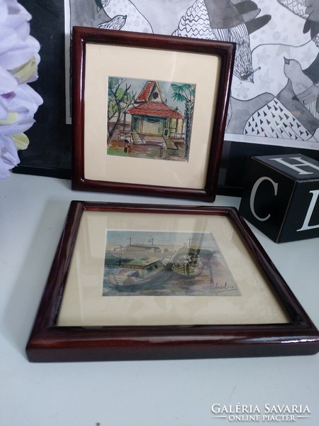 2 Asian pictures in mint condition, painting price/ 2 pcs 17.5 x 17.5 cm