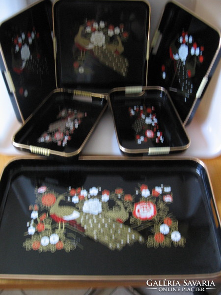 Set of 6 peacock Japanese lacquer tray style