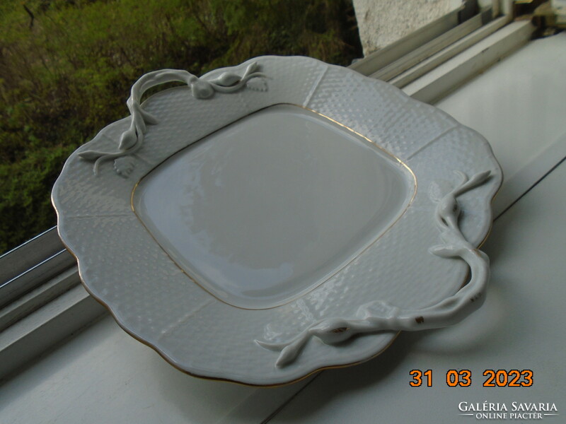 Herend basket pattern tray with plastic rose bud and branch tongs