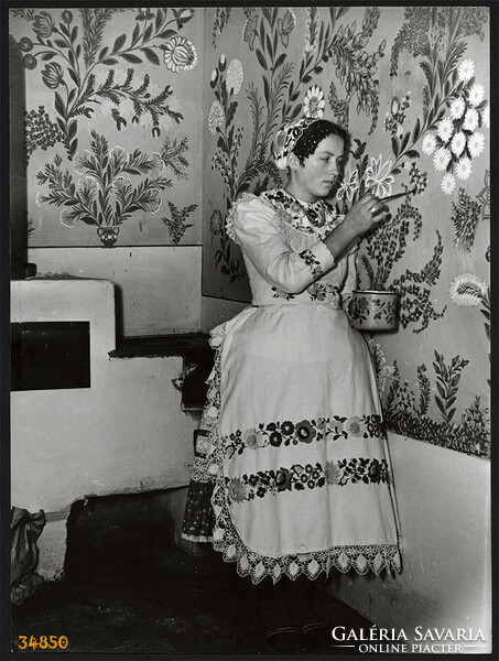 Larger size, photo art work by István Szendrő. Kalocsa, wall painting in folk costume, 1940s