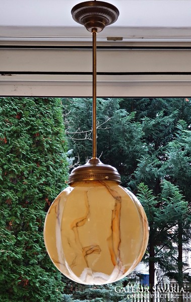 Special, art deco ceiling, hanging lamp. With old slatted shade, copper fittings.