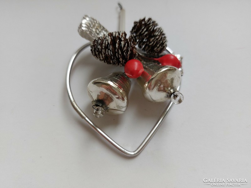 Régi üveg karácsonyfadísz szív alakú csengős minitobozos üvegdísz