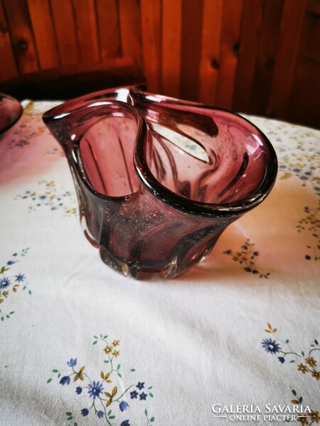 Frantisek Zemek padlizsán színű üveg asztalközép, kosárka, akár váza