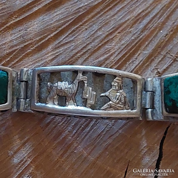 Peruvian llama spectacular silver bracelet with chrysocolla stones