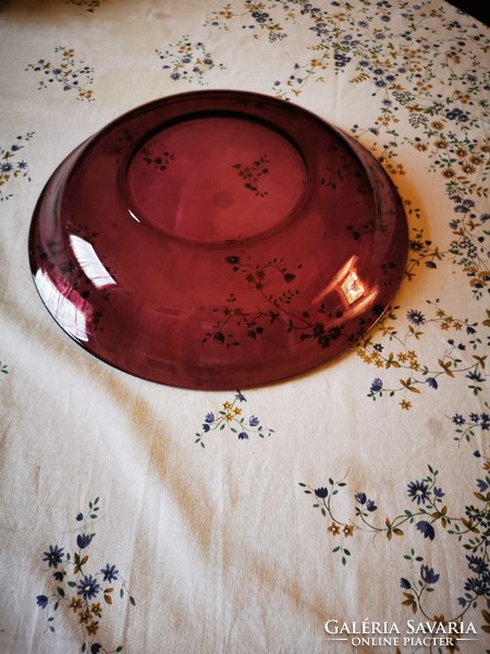 Padlizsán színű üveg tál, asztalközép 28 cm átmérőjű