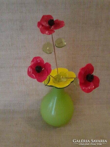 Old double village glass vase with a bouquet of Murano glass poppies inside