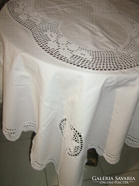 Beautiful hand-crocheted antique white linen tablecloth