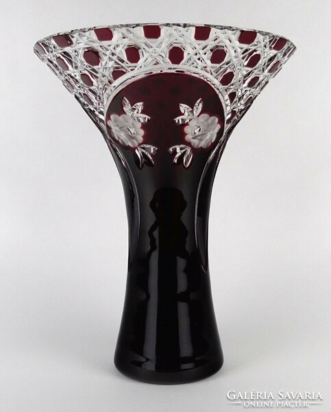1N483 Gyönyörű virág díszes bordó kristály váza 25 cm