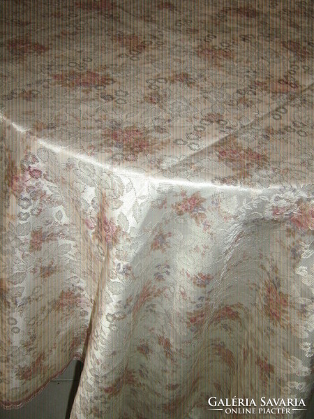 Dreamy vintage pink silk tablecloth with lace edge
