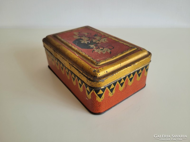 Old metal box with snow flower pattern, vintage Saint Stephen chicory coffee supplement box